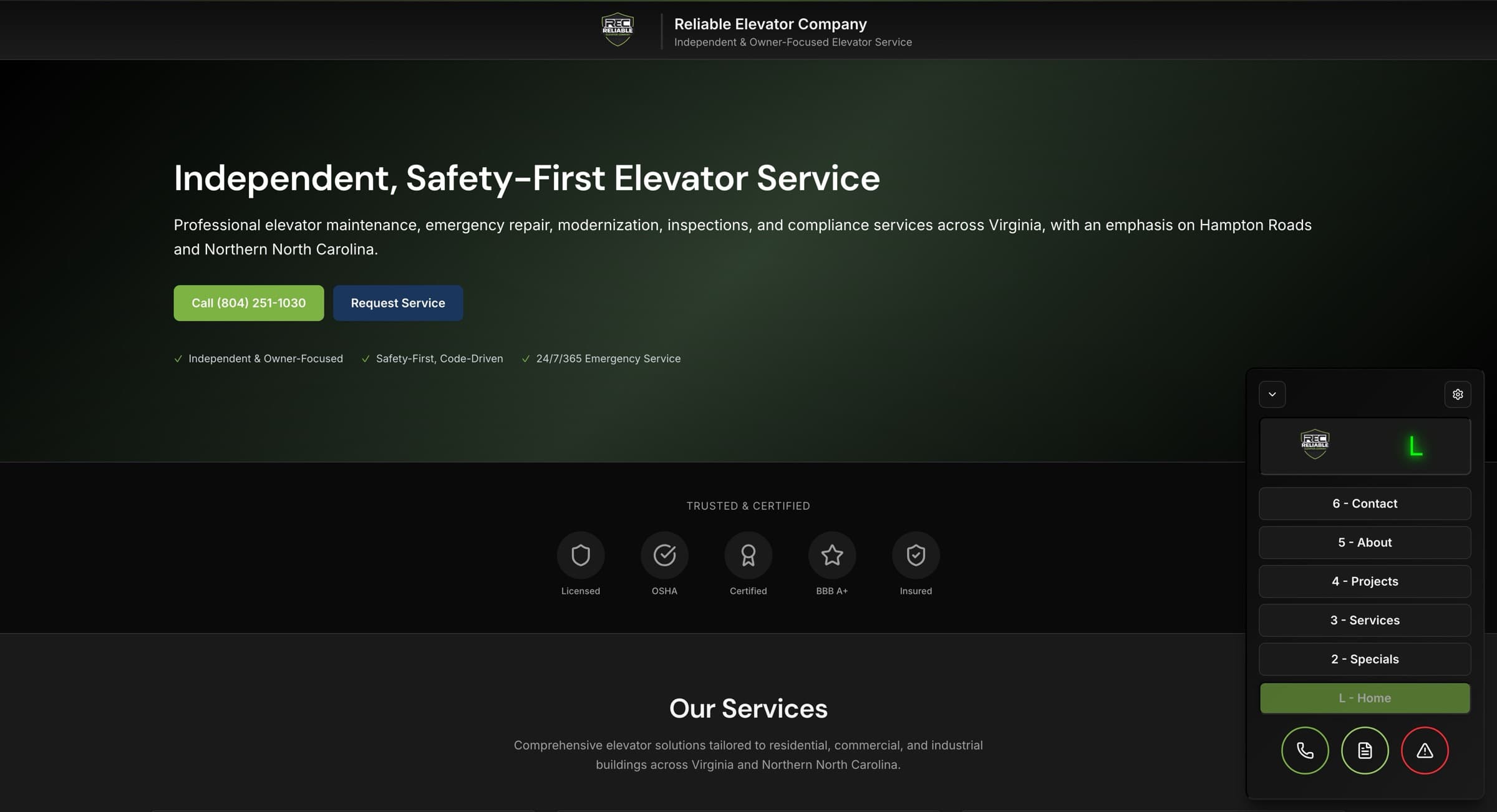 Reliable Elevator Company homepage